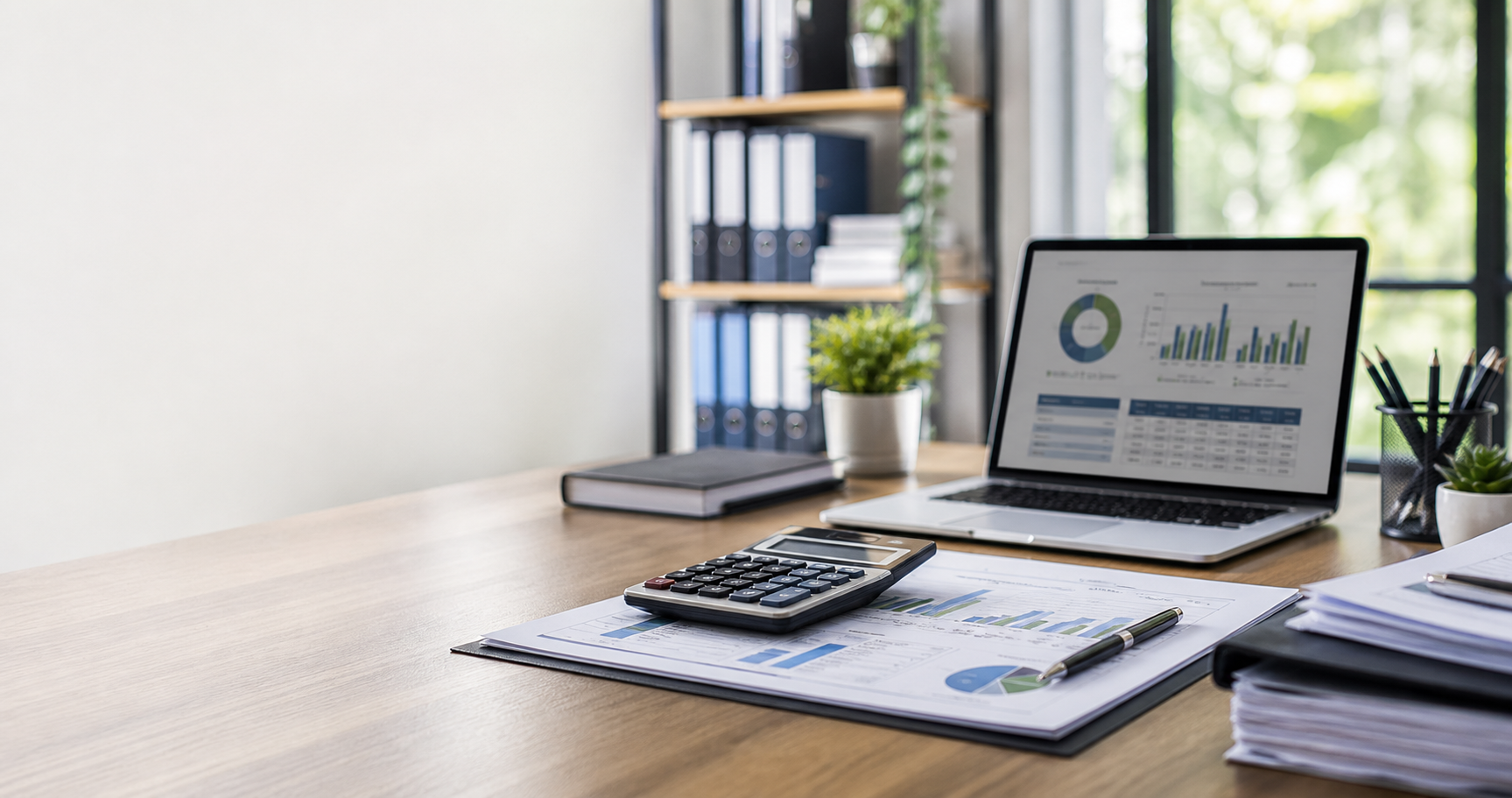 Bureau comptable moderne avec documents financiers, calculatrice et ordinateur.
